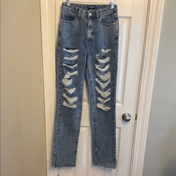 PrettyLittleThing High Rise Blue Distressed Jeans - Picture 1 of 10